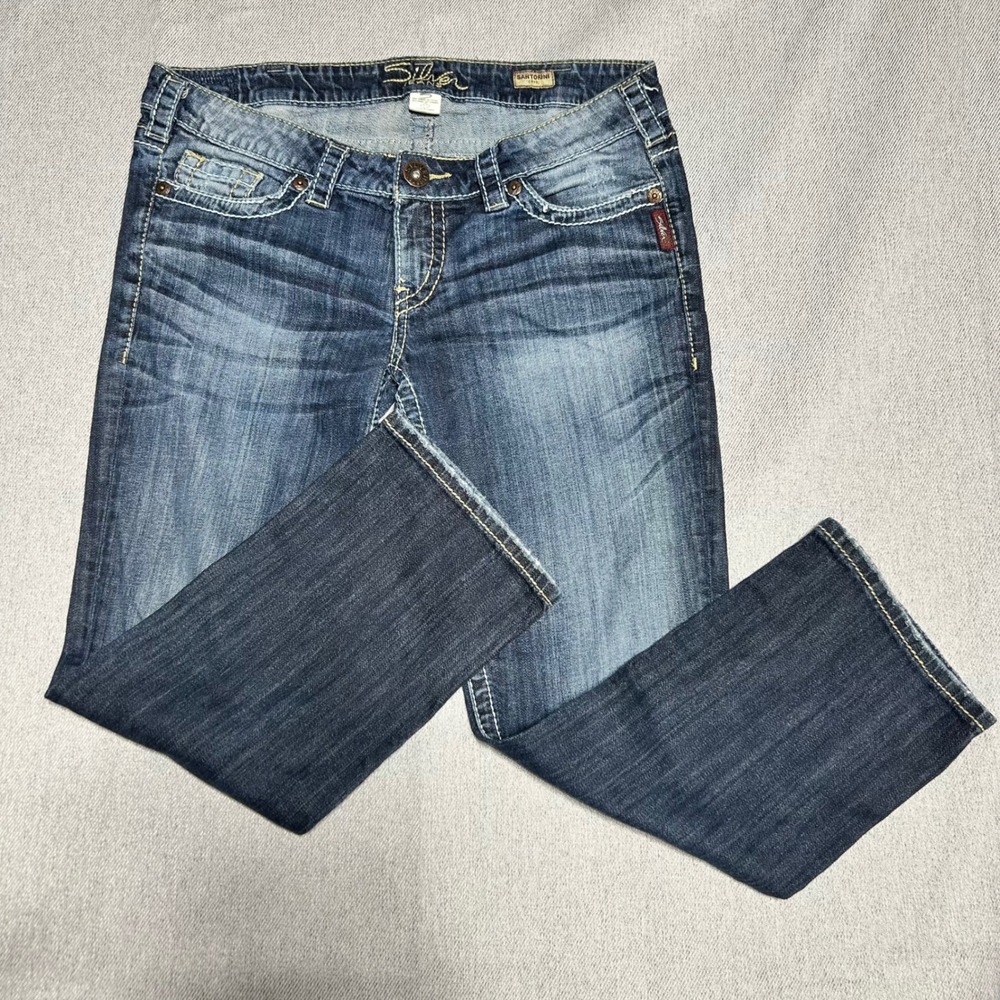 Silver Jeans Womens Santorini Capri Jeans W32 Blue Medium Wash Embroidered Crop